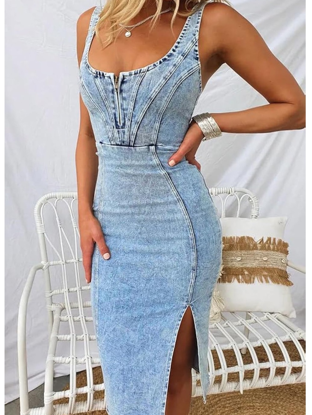 Utcoco Sleeveless Side Slit Bodycon Midi Jean Dress